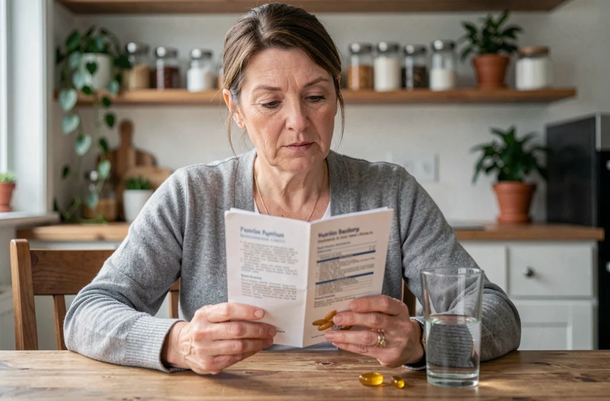 Femme d'âge moyen lisant un guide nutritionnel sur le foie de morue, tenant une capsule d'huile de foie de morue et un verre d'eau