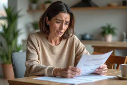 Femme pensive lisant un rapport médical à la maison