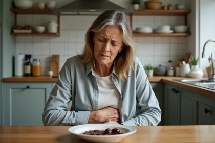 Femme d'&acirc;ge moyen mal &agrave; l'aise avec un plat de prune dans la cuisine