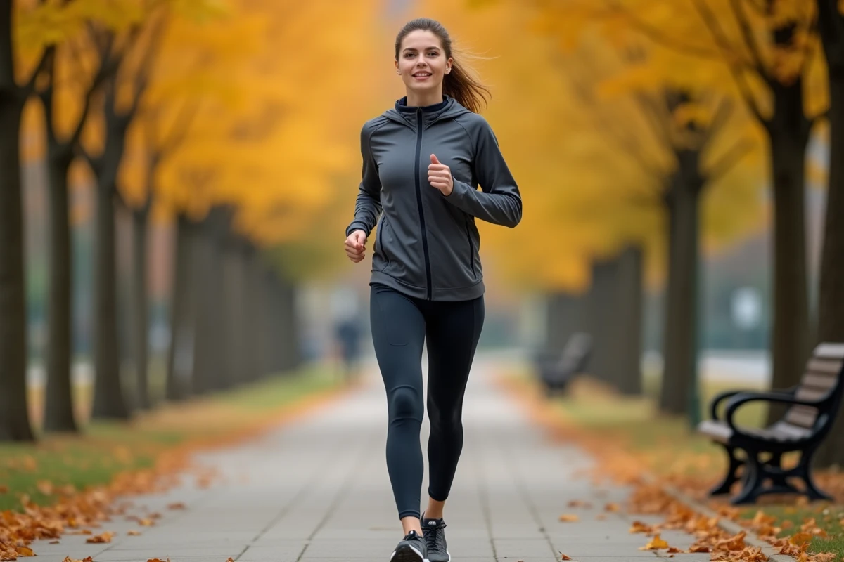 Femme marchant d'un pas vif sur un chemin urbain en automne pour illustrer le nombre de pas par kilomètre chez les femmes