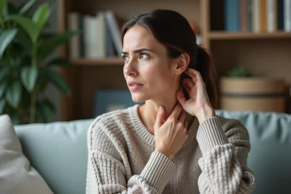 Femme en sweater se massant le cou avec souci