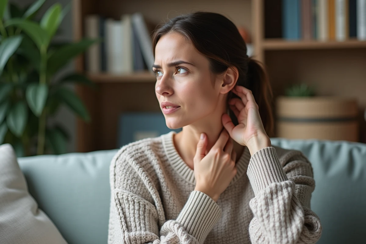 Femme en sweater se massant le cou avec souci