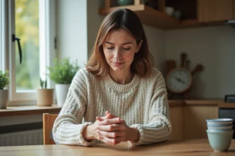 Femme d'âge moyen se massant la main dans la cuisine chaleureuse