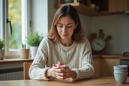 Femme d'&acirc;ge moyen se massant la main dans la cuisine chaleureuse