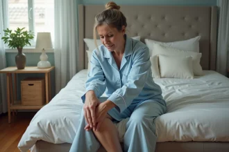 Femme d'âge moyen en pyjama bleu massant sa jambe