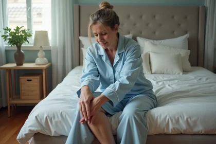 Femme d'&acirc;ge moyen en pyjama bleu massant sa jambe