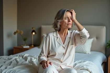 Femme d'une quarantaine d'ann&eacute;es en pyjama matin fatigu&eacute;e