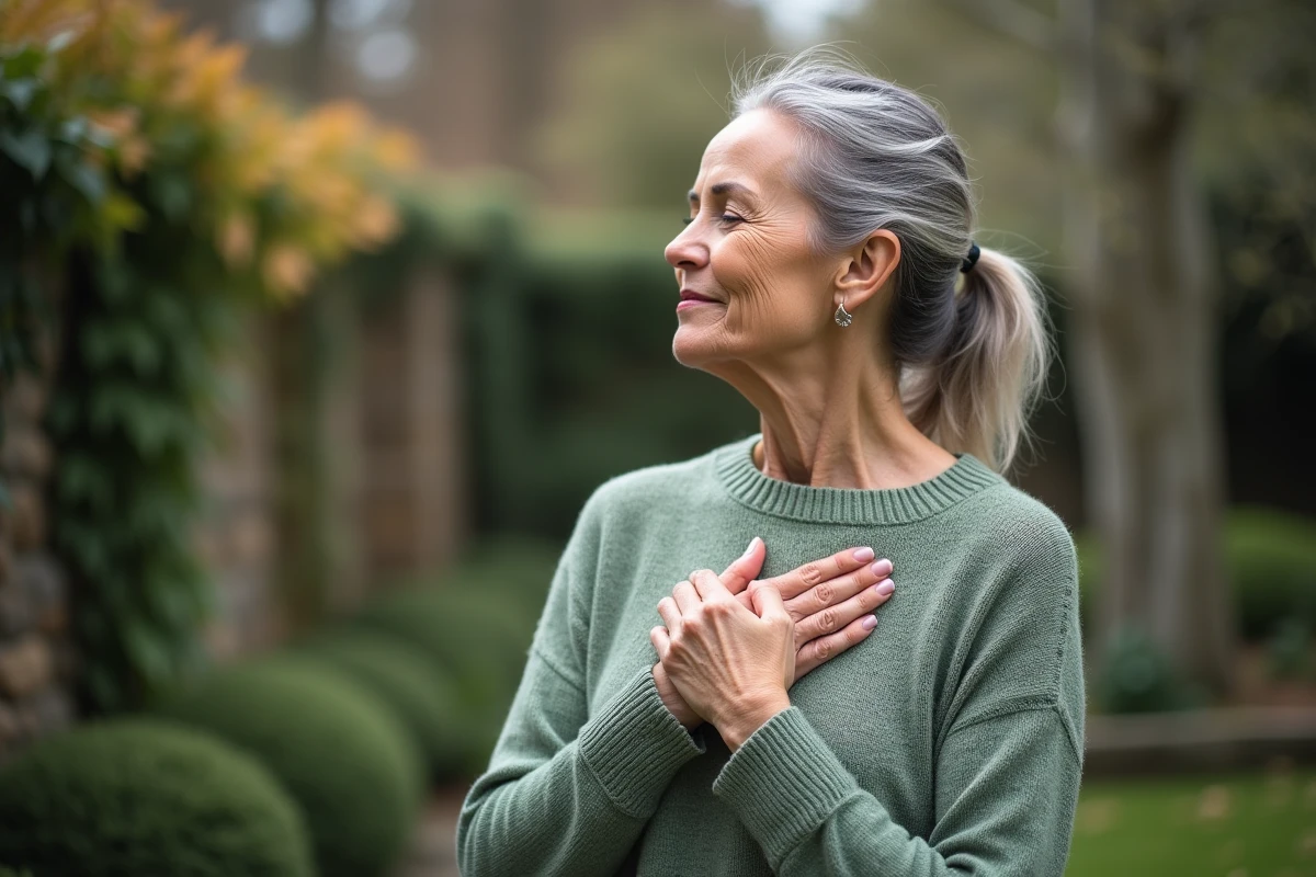 Femme mature en plein air tenant sa main droite contre sa poitrine dans une posture spirituelle apaisée