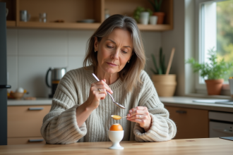 Femme d'âge moyen dégustant un œuf cocotte dans la cuisine