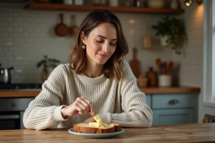 Femme d'&acirc;ge moyen &eacute;talant du beurre sur du pain de seigle