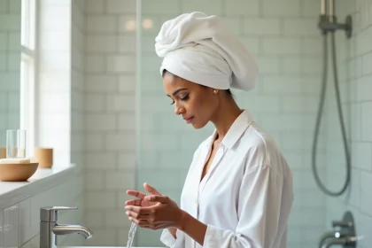 Femme musulmane en serviette blanche dans une salle de bain moderne, moment de recueillement lors de la grande ablution