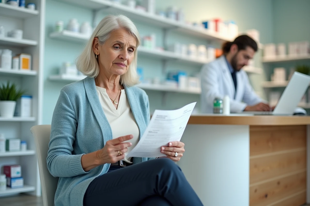 Femme lisant une ordonnance médicale en pharmacie après un diagnostic d'hypokaliémie