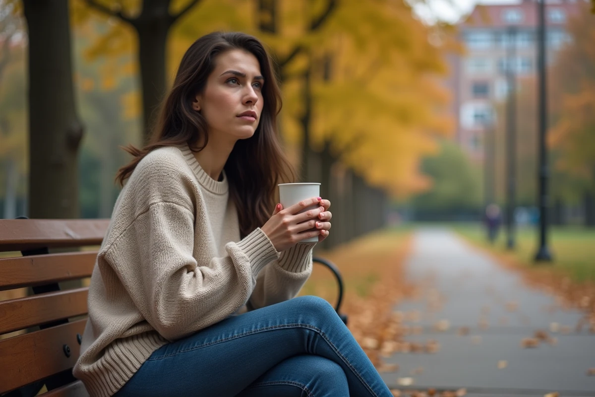 Femme détendue assise dans un parc avec tasse chaude