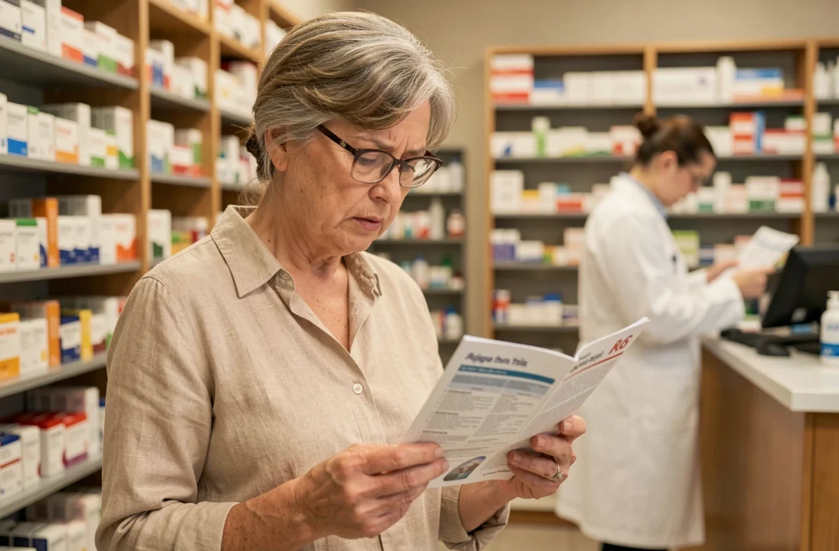 Femme mature en pharmacie lisant une brochure sur la ménopause et les polypes utérins
