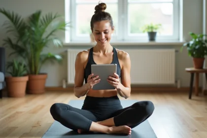 Femme faisant du pilates avec tablette dans un salon lumineux