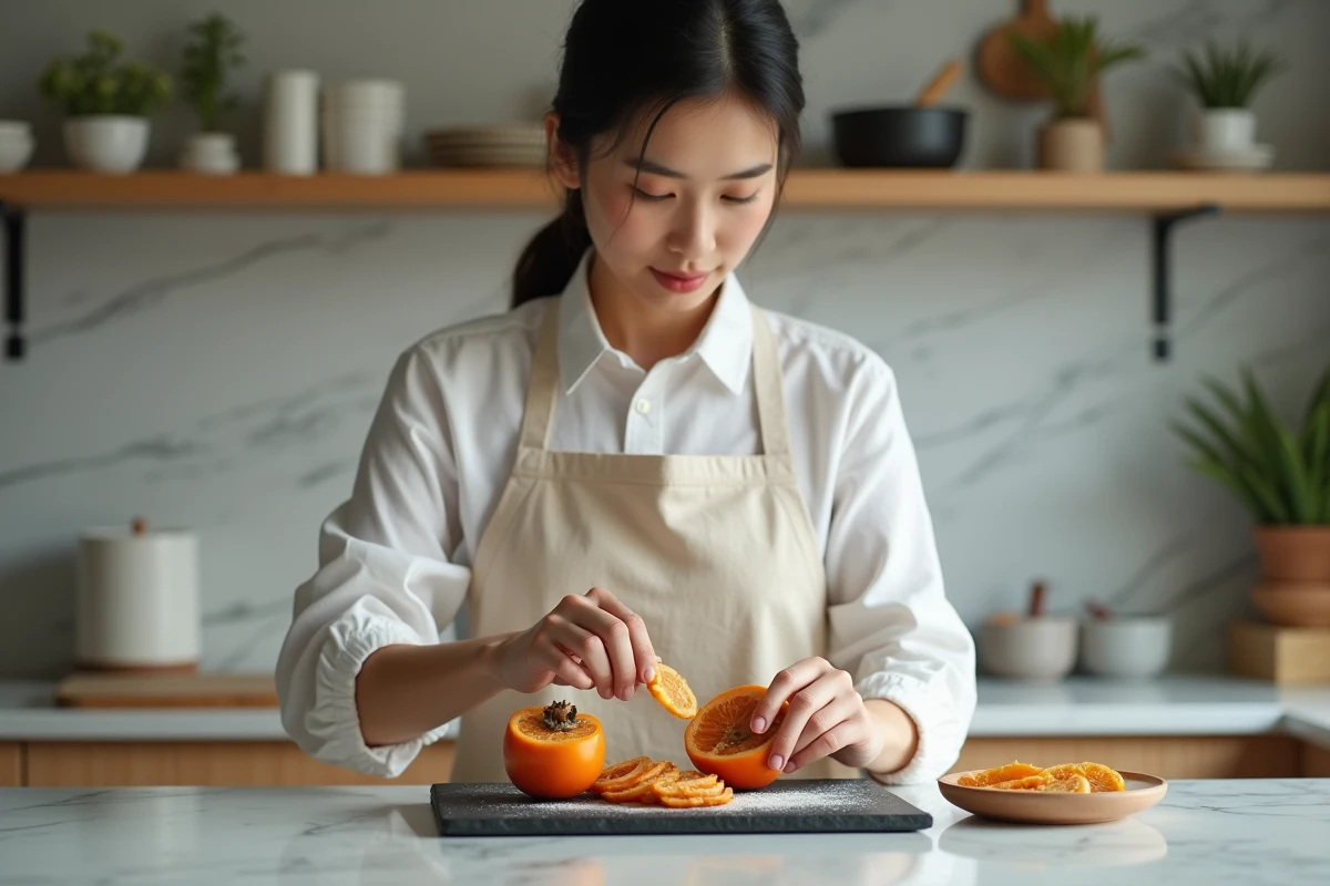 Femme préparant une planche avec du kaki séché et du kaki frais coupé dans une cuisine moderne