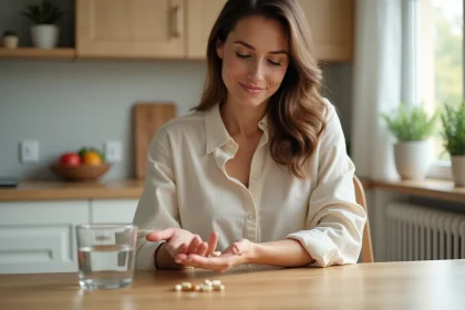 Femme tenant un complément probiotique dans sa main ouverte, assise dans une cuisine moderne en bois clair, illustrant l'équilibre du microbiote intestinal
