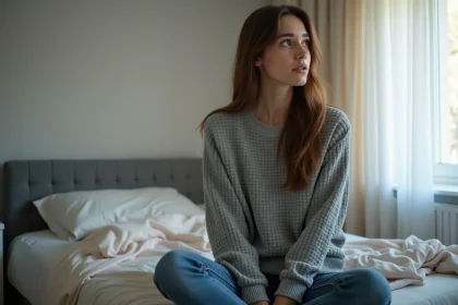 Femme en r&eacute;flexion dans une chambre moderne et d&eacute;sordonn&eacute;e