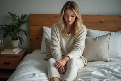 Femme d'âge moyen se relaxant en loungewear sur le lit