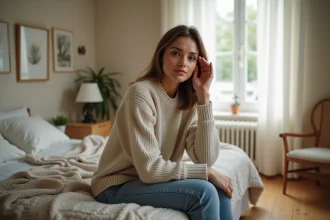Femme pensive assise sur le lit dans une chambre chaleureuse