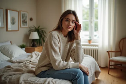 Femme pensive assise sur le lit dans une chambre chaleureuse