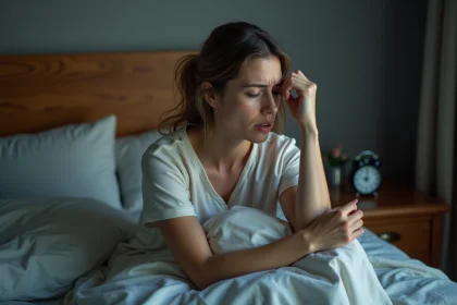 Femme en pyjama coton se réveillant inquiet dans son lit