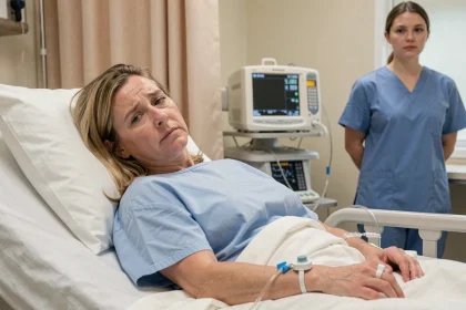 Femme en salle de réveil après une anesthésie générale, allongée dans un lit d'hôpital avec une expression somnolente