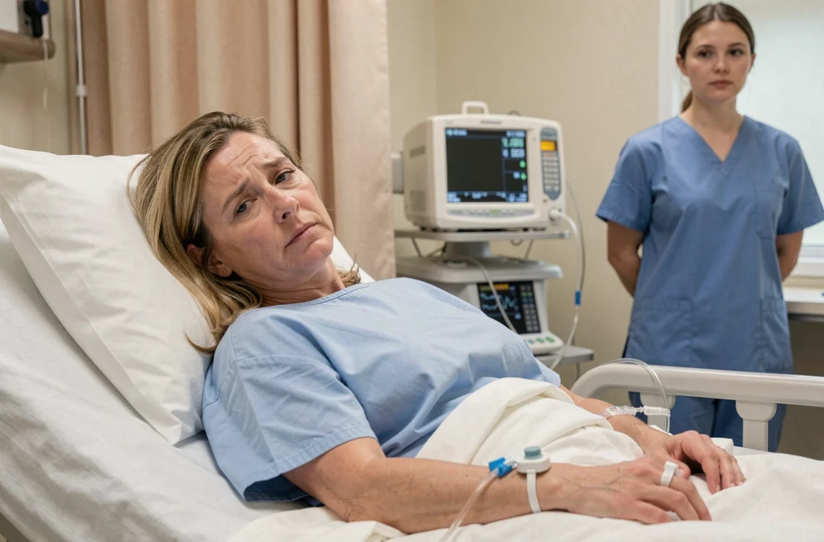 Femme en salle de réveil après une anesthésie générale, allongée dans un lit d'hôpital avec une expression somnolente