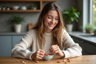 Jeune femme en cuisine compare noix et fruits secs