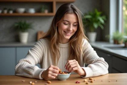 Jeune femme en cuisine compare noix et fruits secs