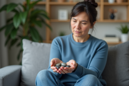 Femme assise sur un canapé tenant des pierres polies dans ses mains