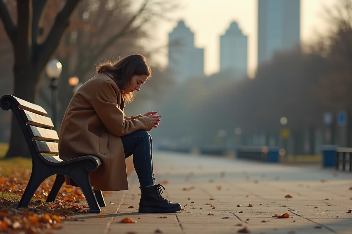 Jeune femme seule sur un banc de parc après une interaction épuisante, illustrant les effets émotionnels d'un faux ami pompeur d'énergie