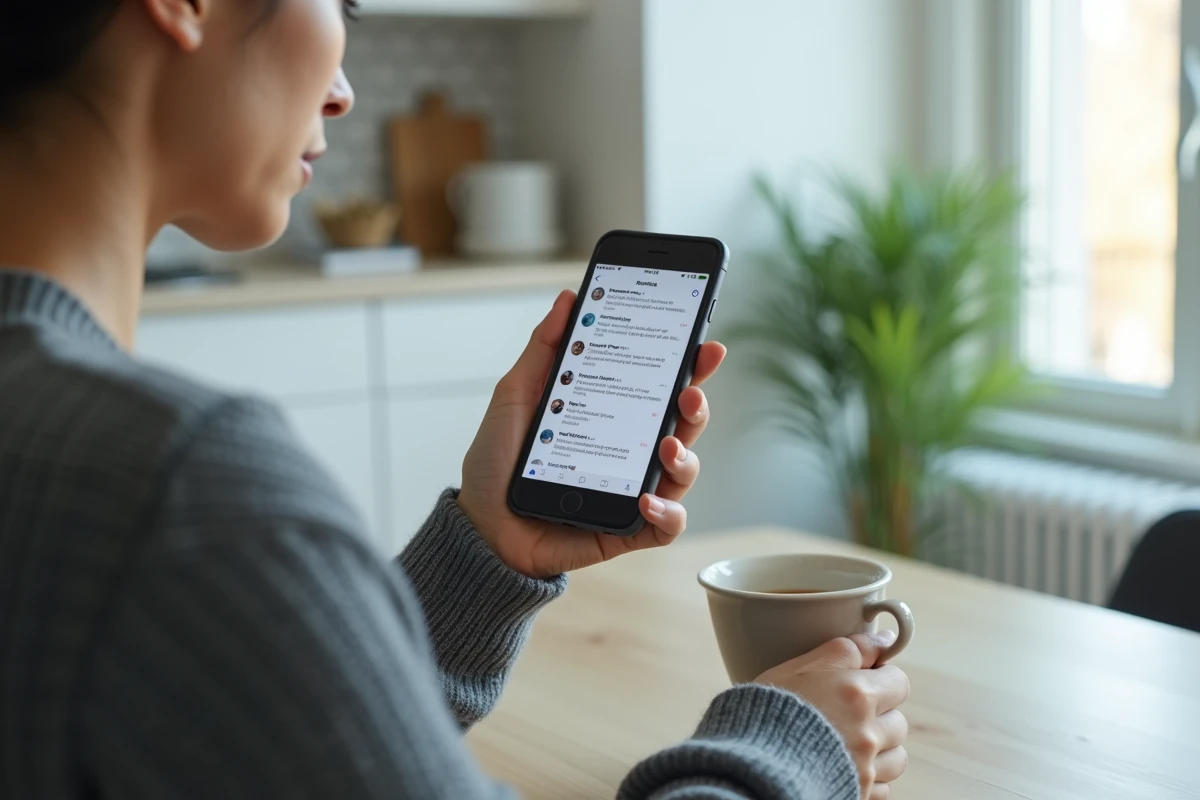 Femme tenant un smartphone affichant un fil de réseaux sociaux, symbolisant la propagation d'une rumeur politique en ligne