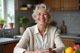 Femme souriante tenant vitamine dans la cuisine