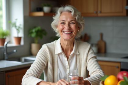 Femme souriante tenant vitamine dans la cuisine