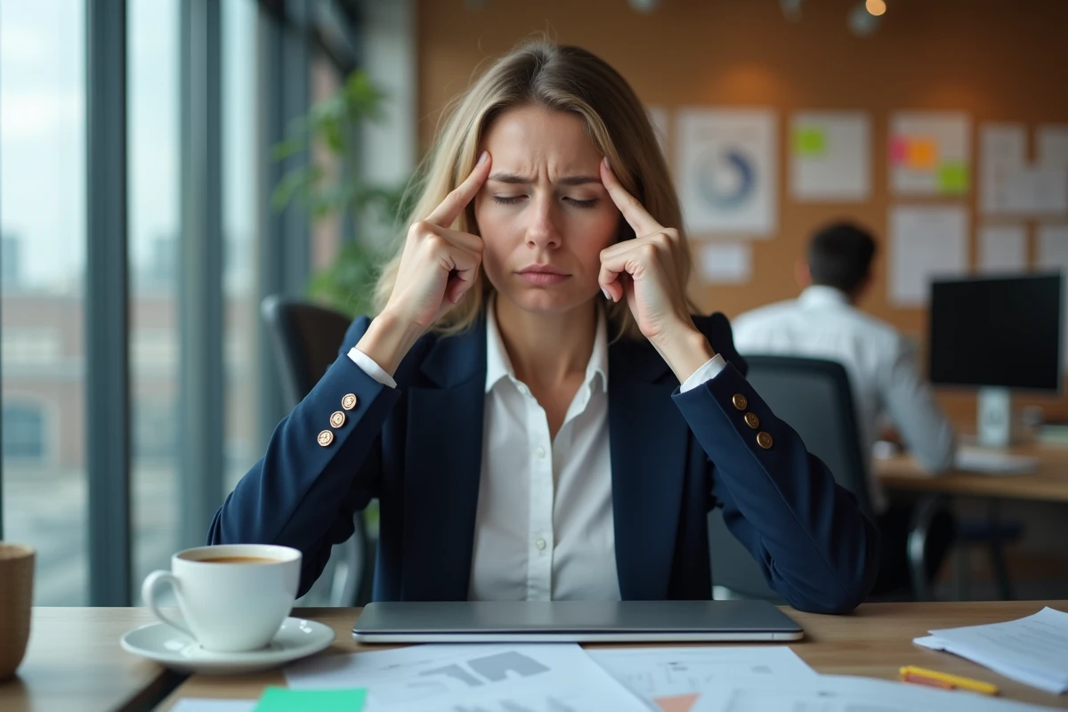 Femme stressée au bureau tenant son visage dans ses mains, illustrant le stress chronique lié au travail et les profils concernés par les compléments adaptogènes