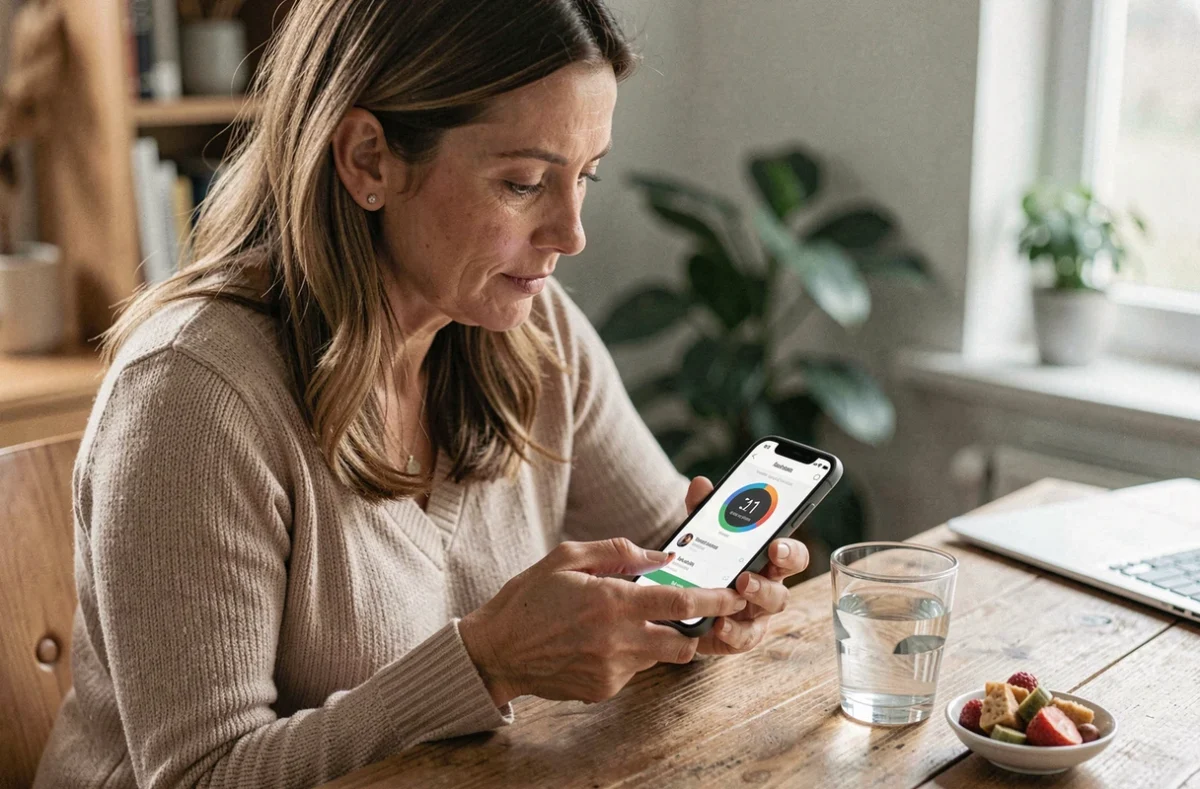 Femme consultant une application de suivi fitness sur smartphone pour suivre sa perte de ventre progressive