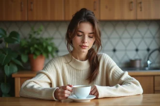 Jeune femme dégustant un rooibos dans une cuisine chaleureuse
