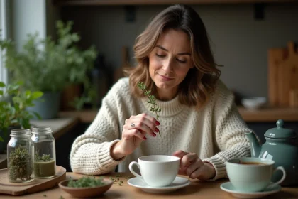 Femme en pull cosy tenant du thym frais pr&egrave;s d'une tasse