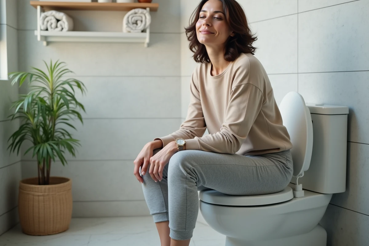 Femme assise sur les toilettes à la maison en position penchée en avant pour faciliter le transit intestinal après une opération ou un accouchement