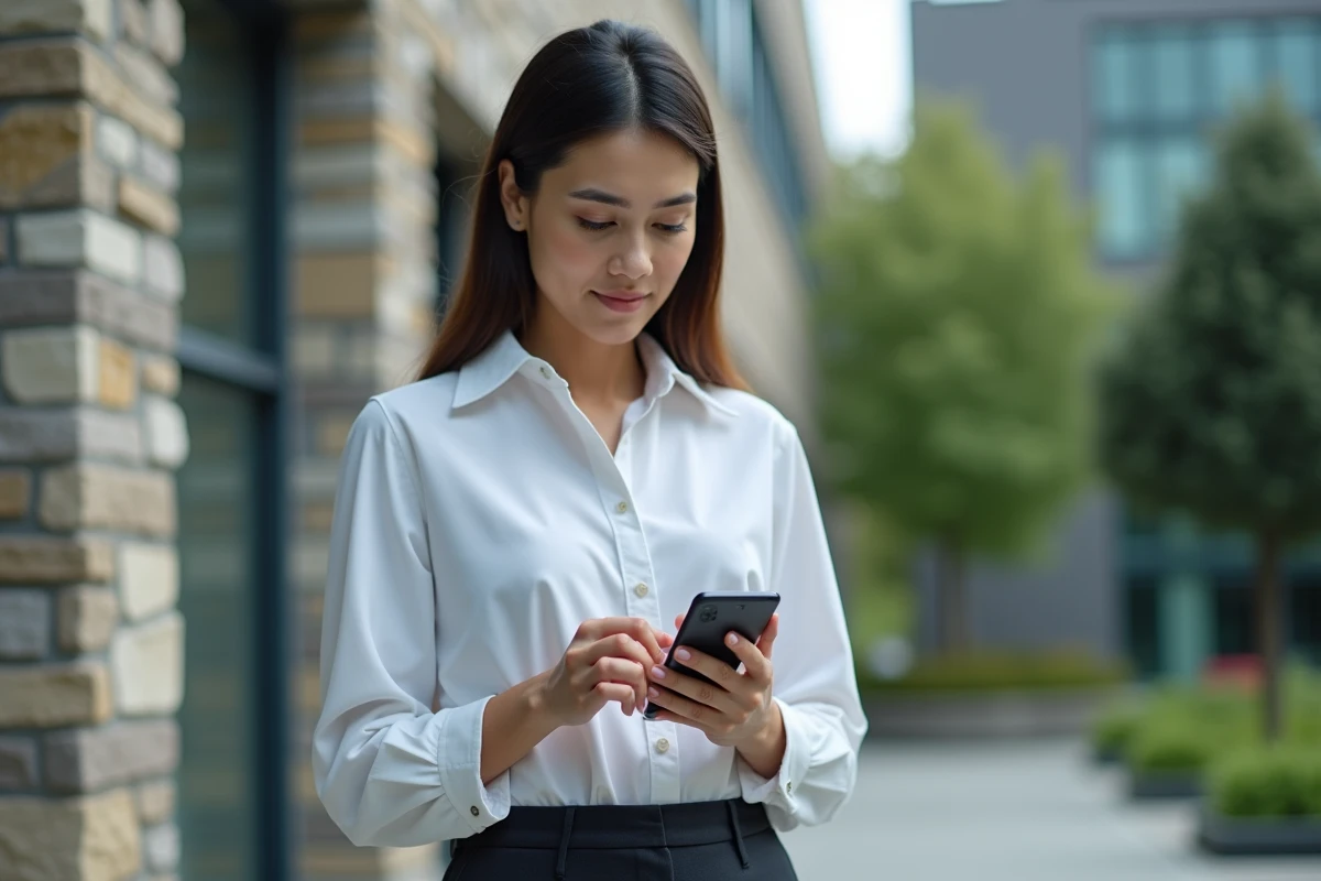 Femme saisissant des donn&eacute;es sur smartphone devant un b&acirc;timent universitaire