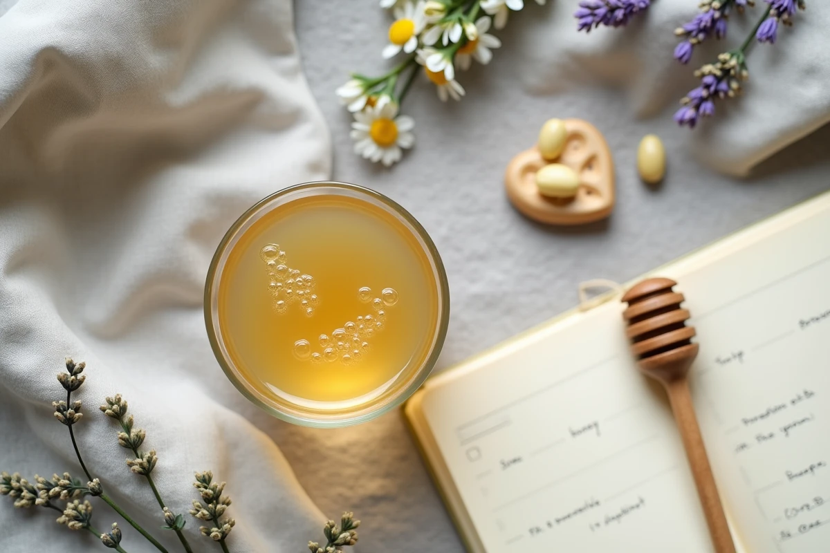 Vue de dessus d'un verre de boisson dorée aux herbes entouré de fleurs de camomille, lavande et notes manuscrites de suivi du sommeil sur lin gris