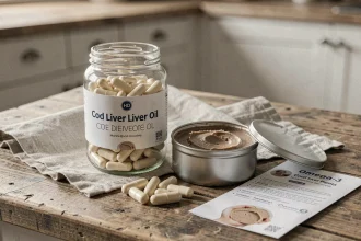 Huile de foie de morue en capsules et en boîte sur un comptoir en bois, illustrant les bienfaits et contre-indications du foie de morue