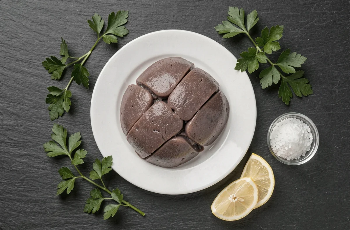 Foie de morue cru sur assiette blanche avec herbes fraîches et citron, représentant les propriétés nutritionnelles et les précautions d'emploi