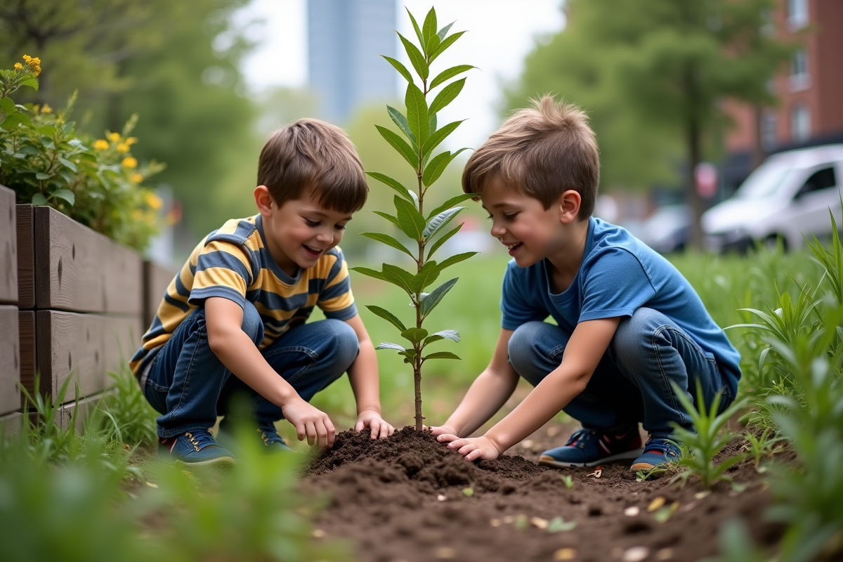 Deux garçons plantant un jeune arbre dans un jardin