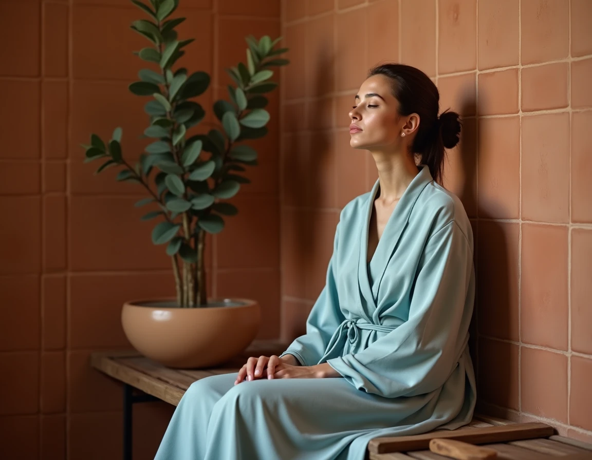 Femme en robe modeste assise dans un hammam traditionnel, moment de r&eacute;flexion spirituelle li&eacute; au ghusl