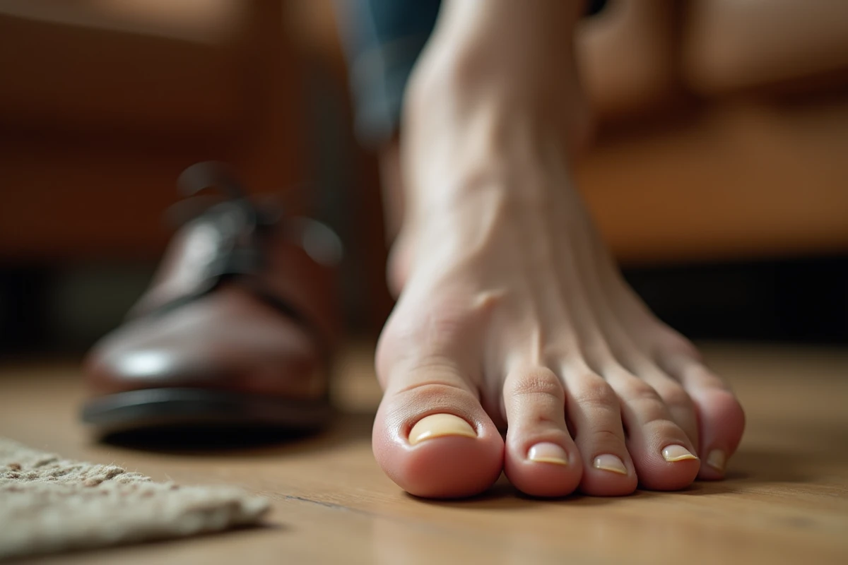Gros plan sur un ongle de pied épais et jaunâtre posé sur un parquet en bois avec des chaussures à côté