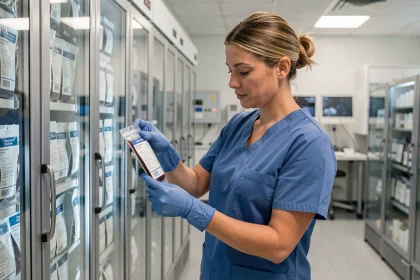 Infirmière en blouse bleue étiquetant des poches de sang dans une banque de sang hospitalière moderne