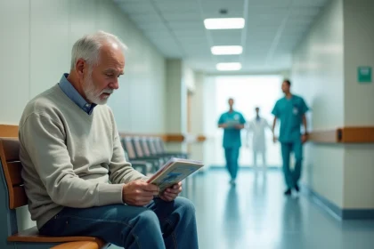 Homme d'&acirc;ge moyen regardant une brochure sur les stents dans un couloir d'h&ocirc;pital