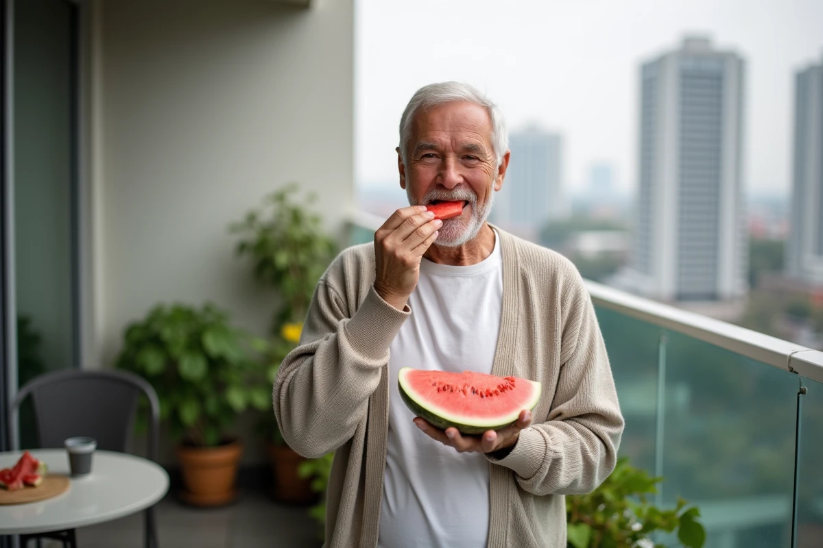 Homme âgé mangeant un melon sur un balcon urbain